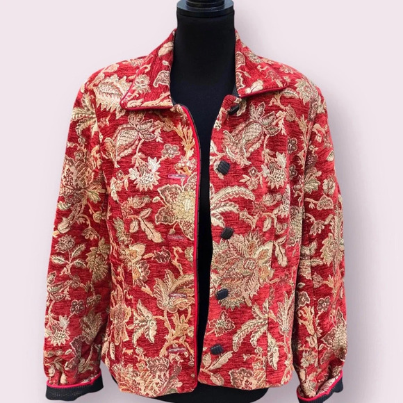 Woven Tapestry Jacket Handmade Jacquard Coat Red Floral Small Mary Lynn O’Shea - Picture 2 of 13